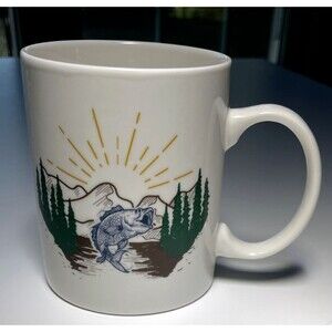 Orly Maison Jumping Bass Fishing Mug Outdoors Mountain Nature Sunrise Lake